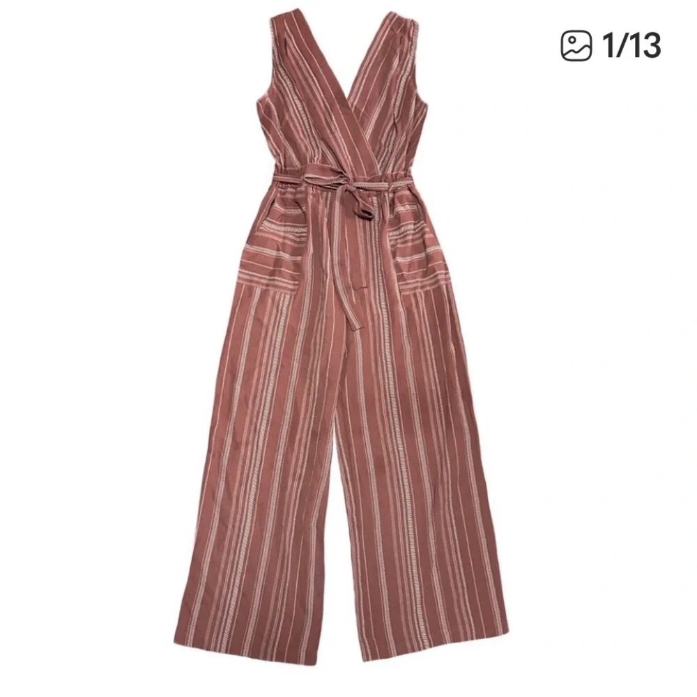 MONTEAU Pink Mauve Striped Wide-Leg Sleeveless Jumpsuit with Tie Waist M NWOT - Picture 3 of 9